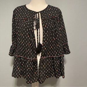 Star Scene Black Floral Peasant‎ Blouse Ruffle Sleeves Boho Cottagecore Size L